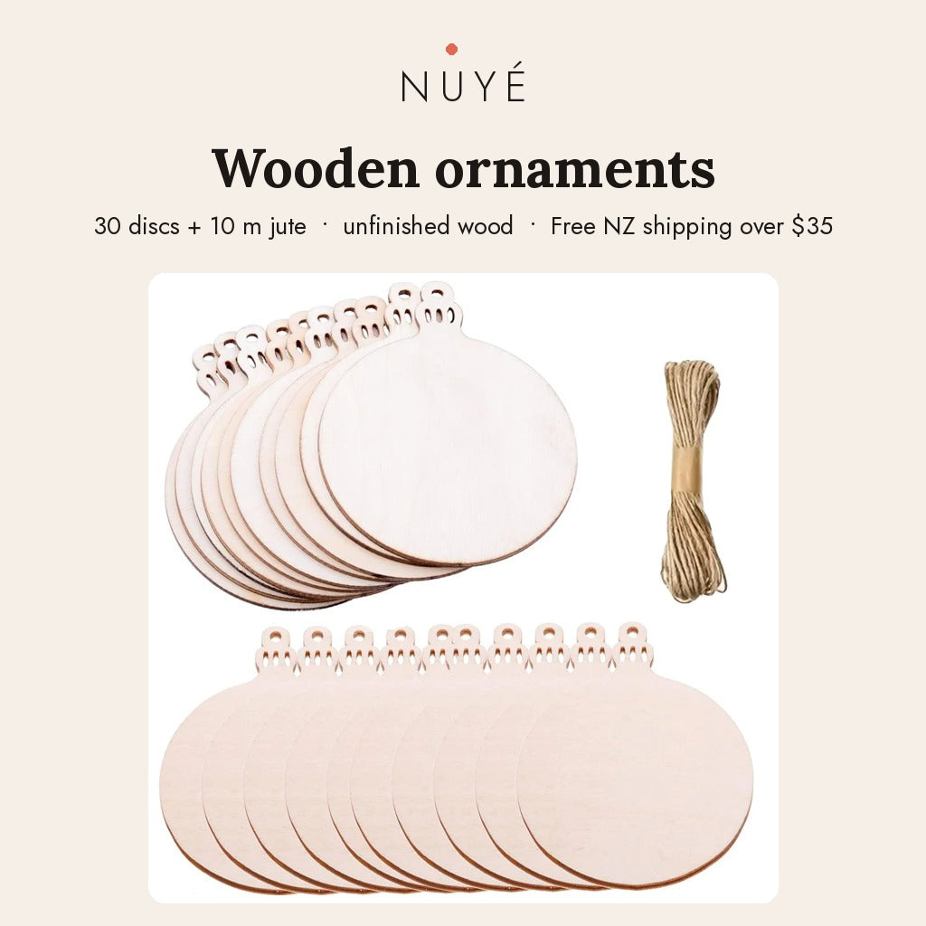 Natural Wooden Tree Ornaments – 30 Pack with Jute